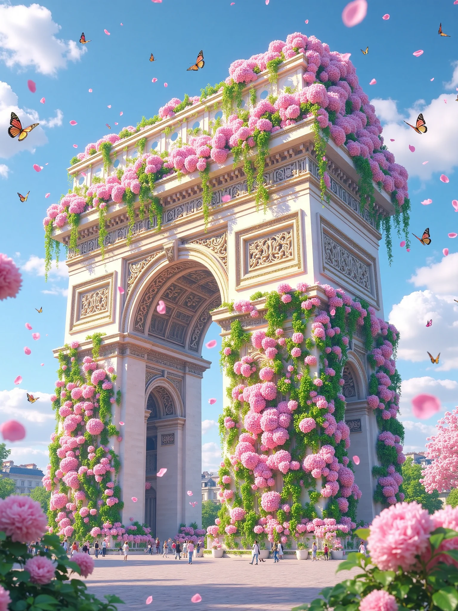 The beautiful Arc de Triomphe welcomes the season of blooming flowers. picture 1 of 1