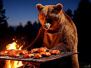 Bear making barbecue in the forest'