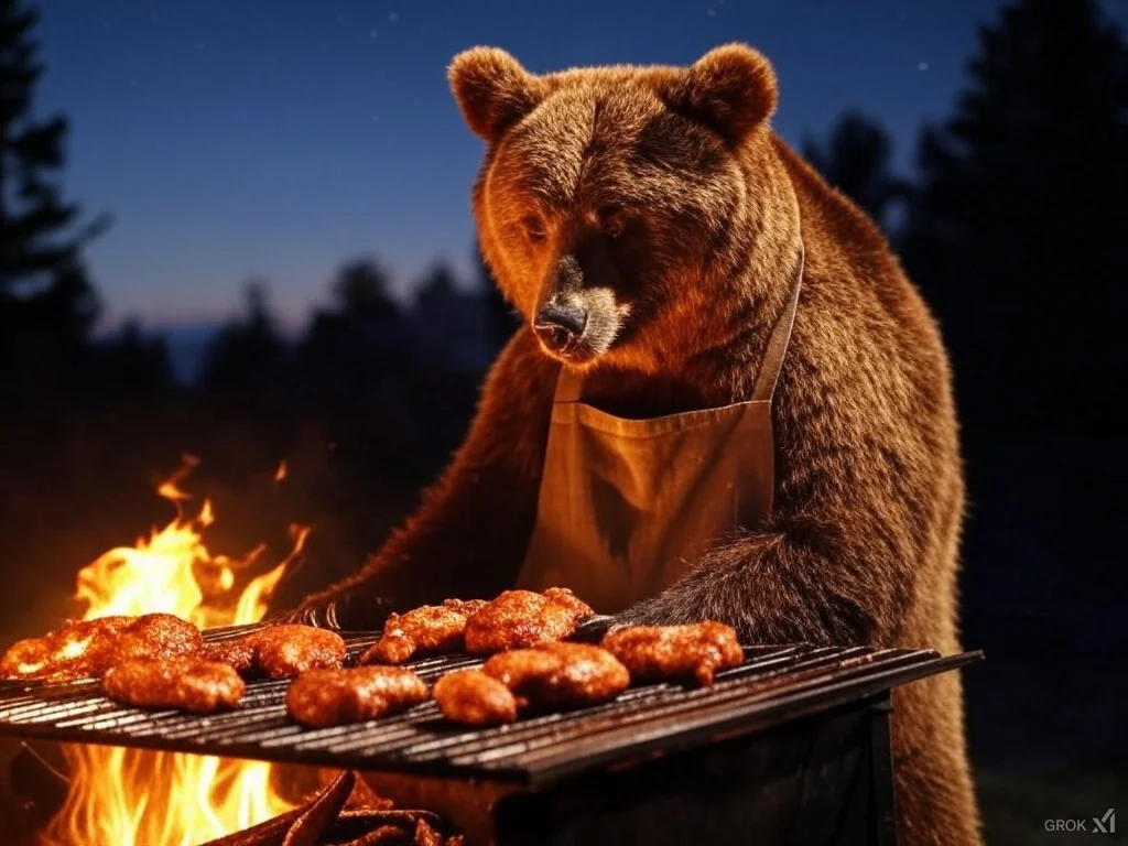 Bear making barbecue in the forest picture 1 of 2