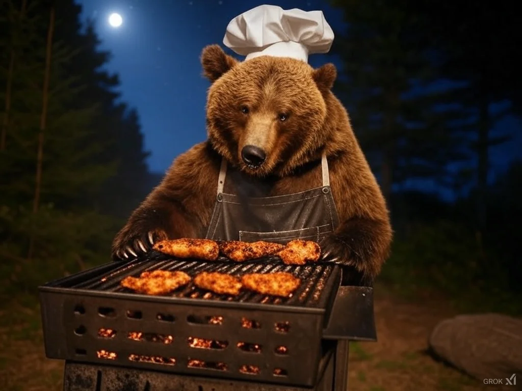 Bear making barbecue in the forest picture 2 of 2