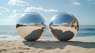 Orbs of mirrored glass sitting on a sunny beach reflecting the environment and each other. --ar 16:9 --stylize 750 --v 6.1'