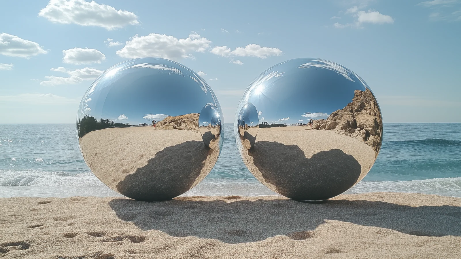 Orbs of mirrored glass sitting on a sunny beach reflecting the environment and each other. --ar 16:9 --stylize 750 --v 6.1 picture 1 of 1