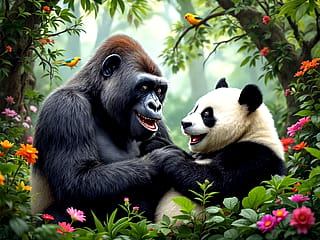 Friendship between gorilla and panda'