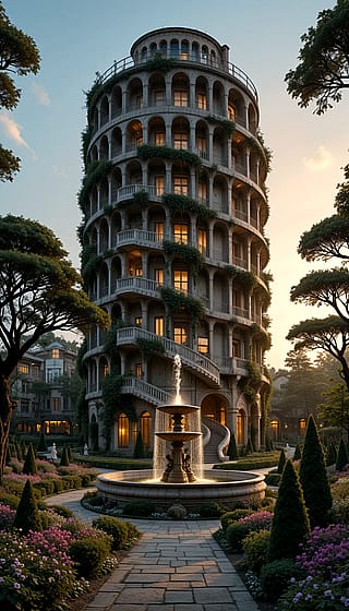 A modern apartment building with the architecture of the Leaning Tower of Pisa'