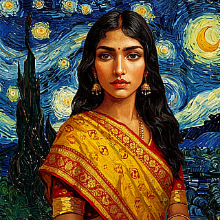 AI generated Vincent Van Hogan style image of girl in yellow red saree'