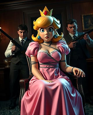 Princess Peach is captured by the mafia. Give a description of this movie scene'