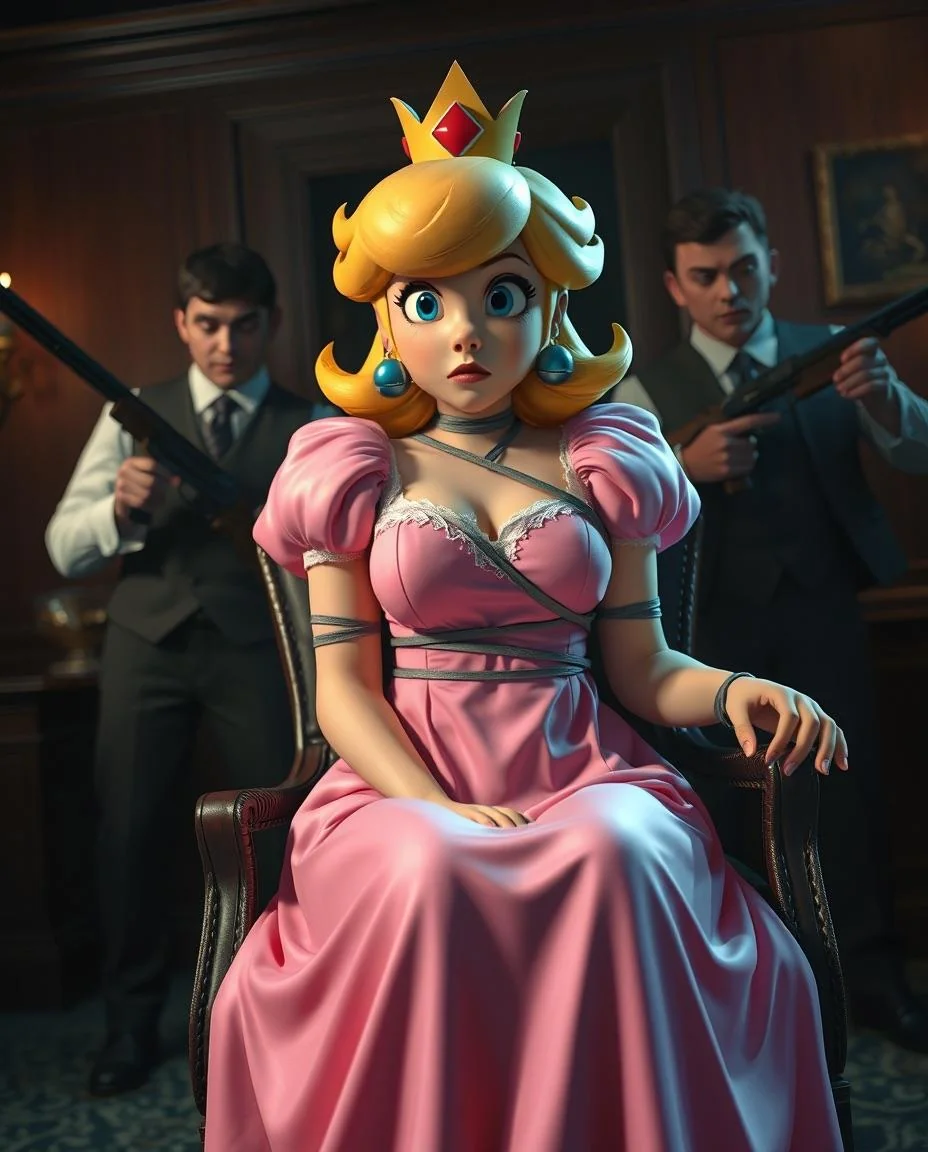 Princess Peach is captured by the mafia. Give a description of this movie scene picture 1 of 3