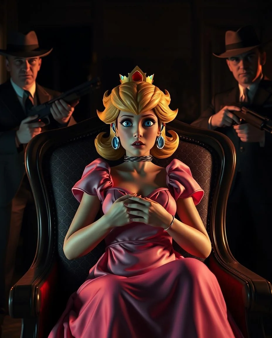 Princess Peach is captured by the mafia. Give a description of this movie scene picture 3 of 3