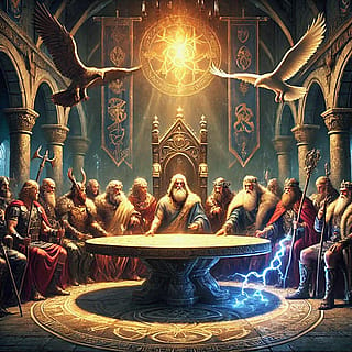 Mythology gods sitting at king Arthur's round table'