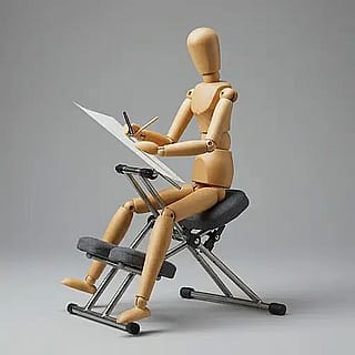 Wooden mannequin on kneeling chair'