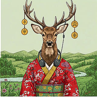 Create a whimsical artwork with a 19th century engraving look. The image should represent a deer with a human body wearing a red kimono, golden pendants hanging from its antlers and a pair of headphones hanging from its neck. The background should represent hills covered in trees and a calm river.'