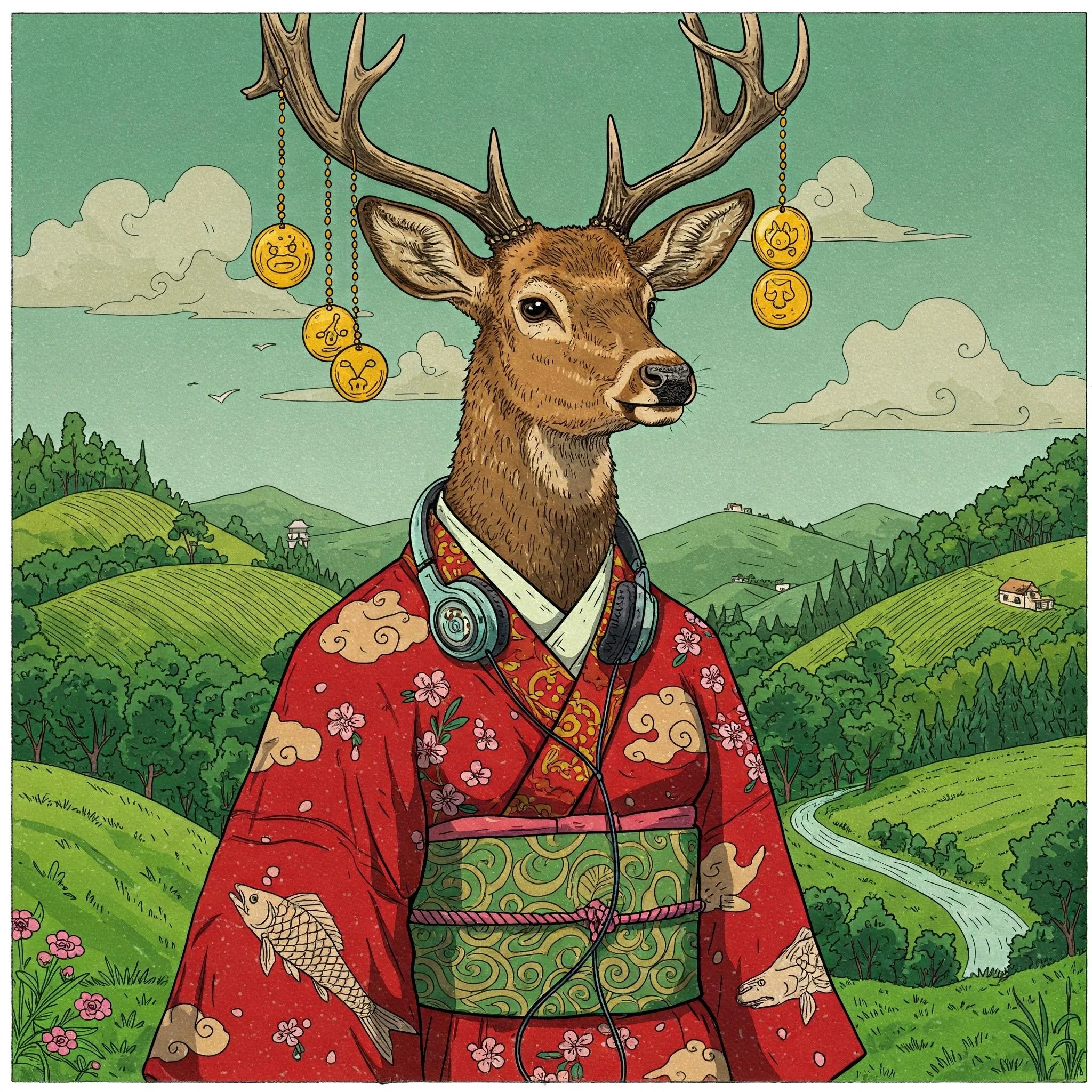 Create a whimsical artwork with a 19th century engraving look. The image should represent a deer with a human body wearing a red kimono, golden pendants hanging from its antlers and a pair of headphones hanging from its neck. The background should represent hills covered in trees and a calm river. picture 2 of 4