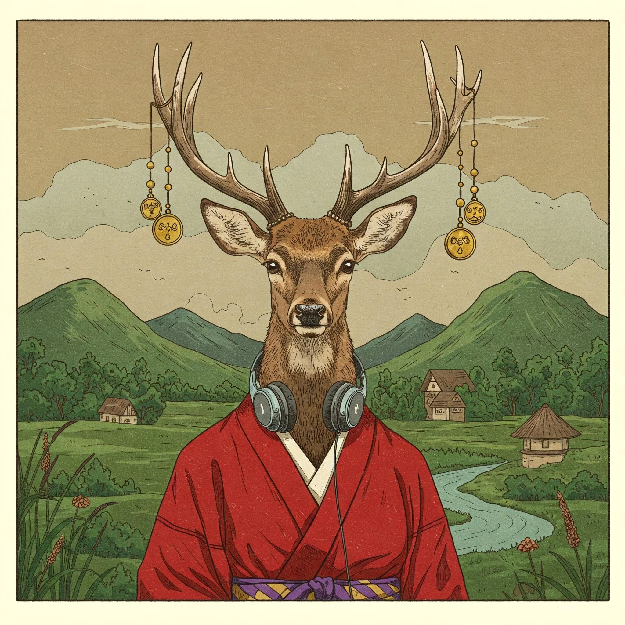 Create a whimsical artwork with a 19th century engraving look. The image should represent a deer with a human body wearing a red kimono, golden pendants hanging from its antlers and a pair of headphones hanging from its neck. The background should represent hills covered in trees and a calm river. picture 3 of 4