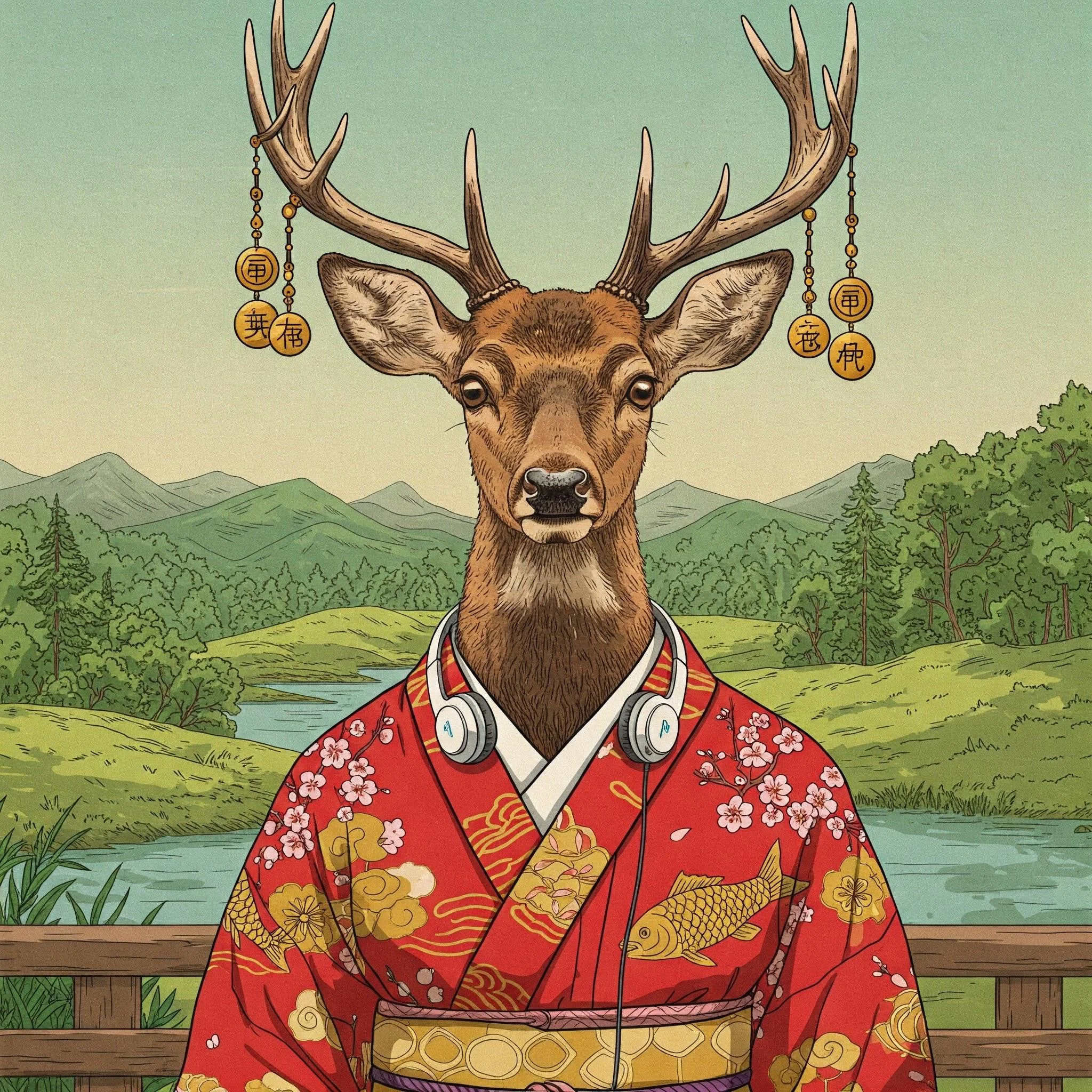 Create a whimsical artwork with a 19th century engraving look. The image should represent a deer with a human body wearing a red kimono, golden pendants hanging from its antlers and a pair of headphones hanging from its neck. The background should represent hills covered in trees and a calm river. picture 4 of 4