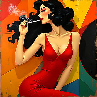 Beautiful busty woman smoking sharp colors'