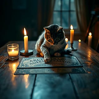 Cat playing using Ouija Board to summon spirits'