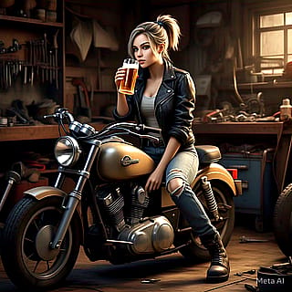 Biker girl drinking beer on her bike'