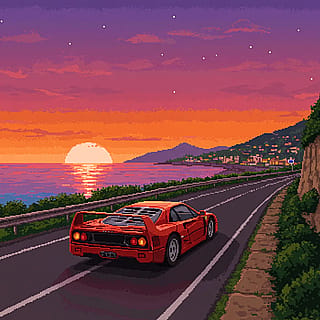 Scenic Drive (Ferrari F40, pixel art style)'