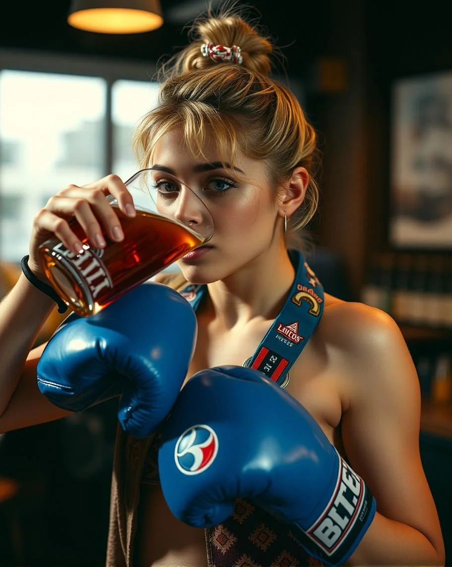 Boxer girl drinking beer picture 1 of 1