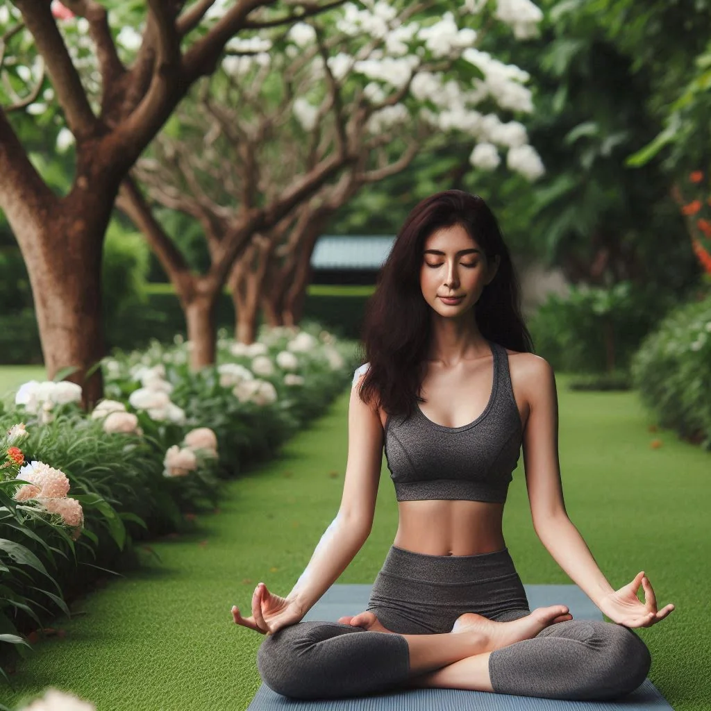 A dark-haired woman in her early thirties doing yoga picture 2 of 2