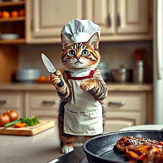 This kitty wants to cook his meat'