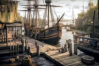 A ship docked at harbor in 17th Century Barbados'