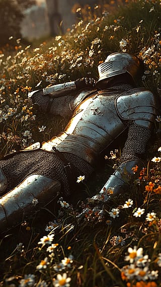 The hard armored warrior lies in the soft flowers'