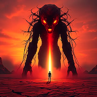 Beneath a blood-red sunset, the Crimson Sentinel looms'