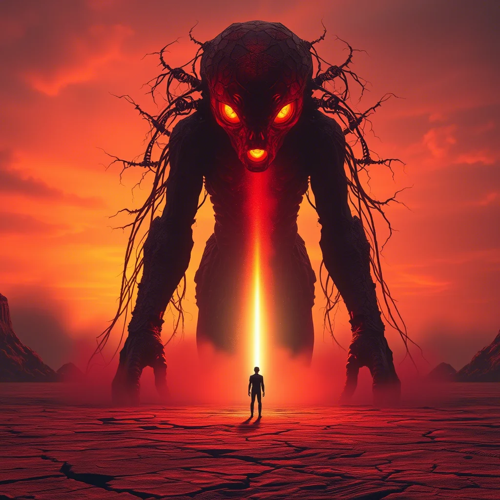 Beneath a blood-red sunset, the Crimson Sentinel looms picture 1 of 1