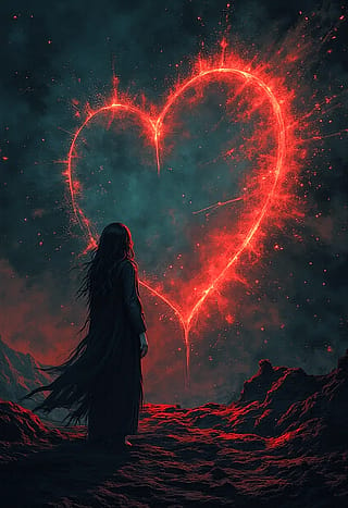 Beneath the sky so dark and wide, She stands where love and fate collide. A burning heart, a crimson spark, A light that shatters endless dark. Does it call her, pull her near? A sign of love, or silent fear? Flames may warm or turn to ash, But still, she stands—no need to ask.'