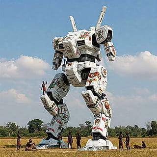 A mech decorated - not built, just decorated - by sustenance farmers from the DRC I generated for a story I'm working on. Disregard the people as the mech is only 3 meters tall(I can only be so picky with gemini).'