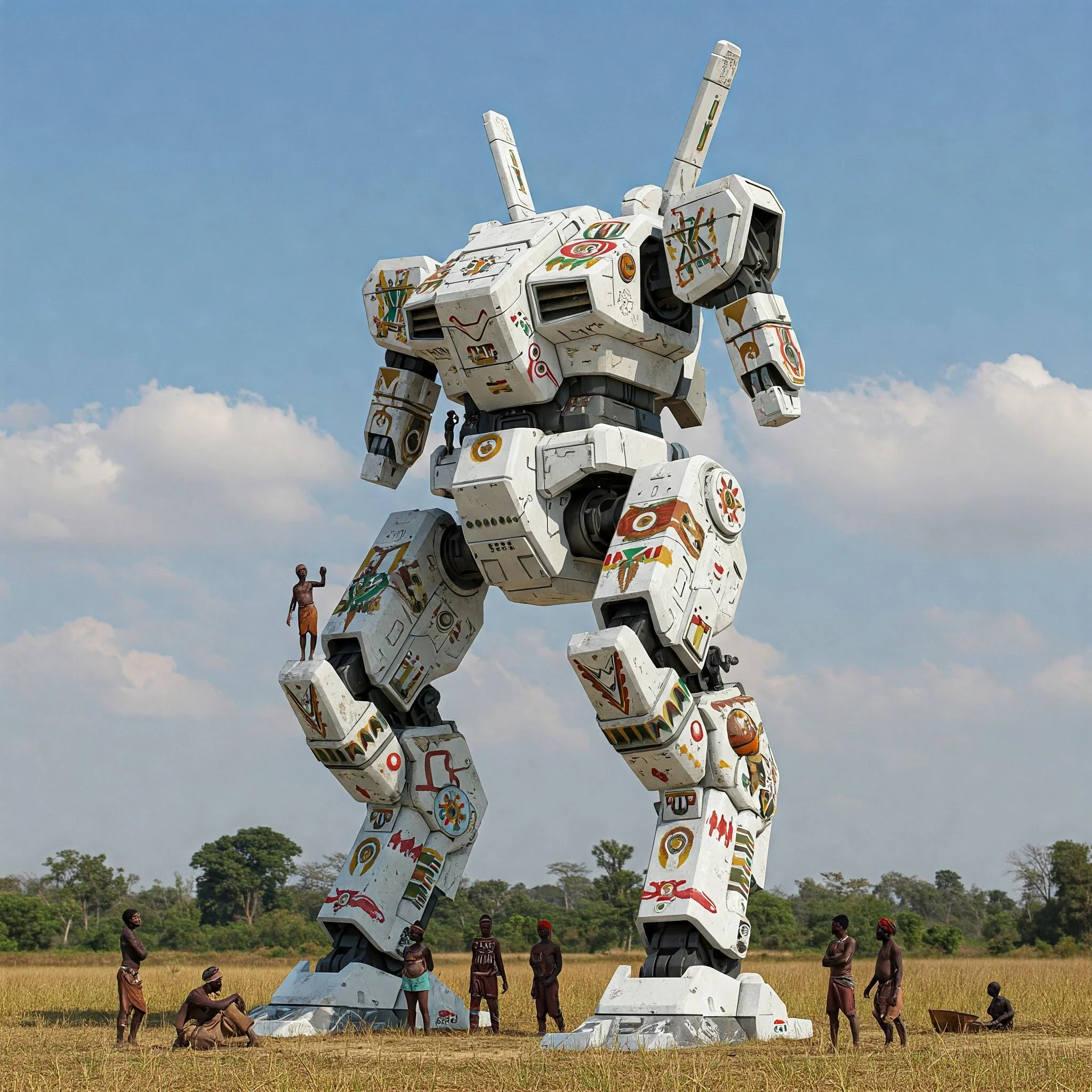 A mech decorated - not built, just decorated - by sustenance farmers from the DRC I generated for a story I'm working on. Disregard the people as the mech is only 3 meters tall(I can only be so picky with gemini). picture 1 of 1