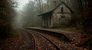 The small train station was a relic of a bygone era, its once bustling platform now quiet and empty. The only sound was the occasional creak of a rusty door or the rustling of leaves in the wind.'