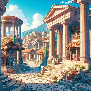 And Ancient Greek Village with a touch of Anime'