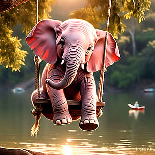 Whimsical Waters: A lifelike pink elephant gracefully riding a swing'