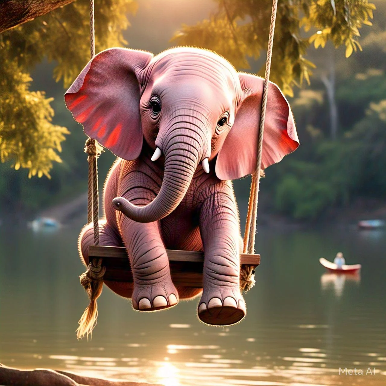 Whimsical Waters: A lifelike pink elephant gracefully riding a swing picture 1 of 1