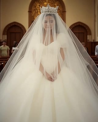 Shy bride is fully veiled.'