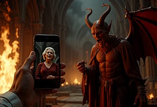 "The priest shows the Devil his mother-in-law's photo on his Android phone to expel him from the church."'