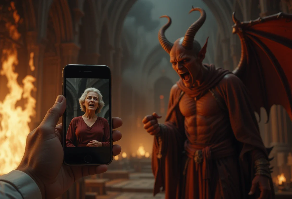 "The priest shows the Devil his mother-in-law's photo on his Android phone to expel him from the church." picture 1 of 1