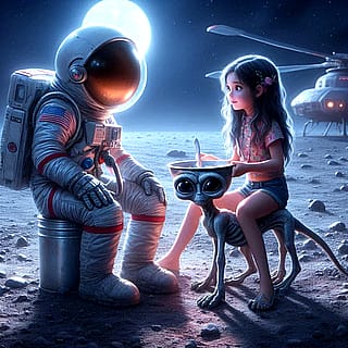 Prompt: Alien girl playing with Apollo Astronaut on the moon.'