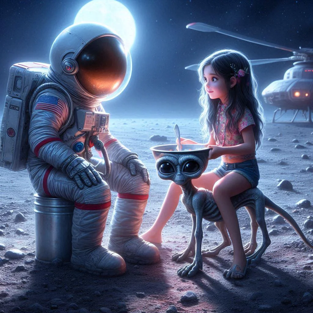 Prompt: Alien girl playing with Apollo Astronaut on the moon. picture 1 of 1