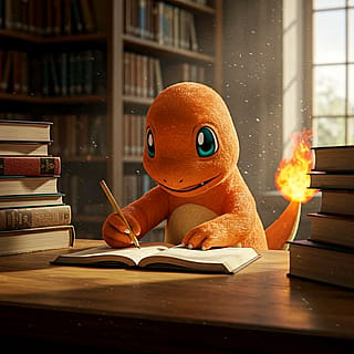 Charmander is studying hard to catch up to Charmeleon.'