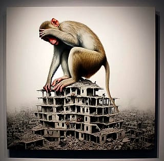 Monkey destroys buildings art'