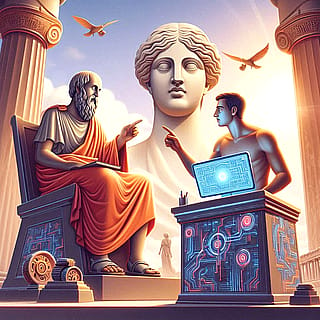 Plato discussing with artificial intelligence'