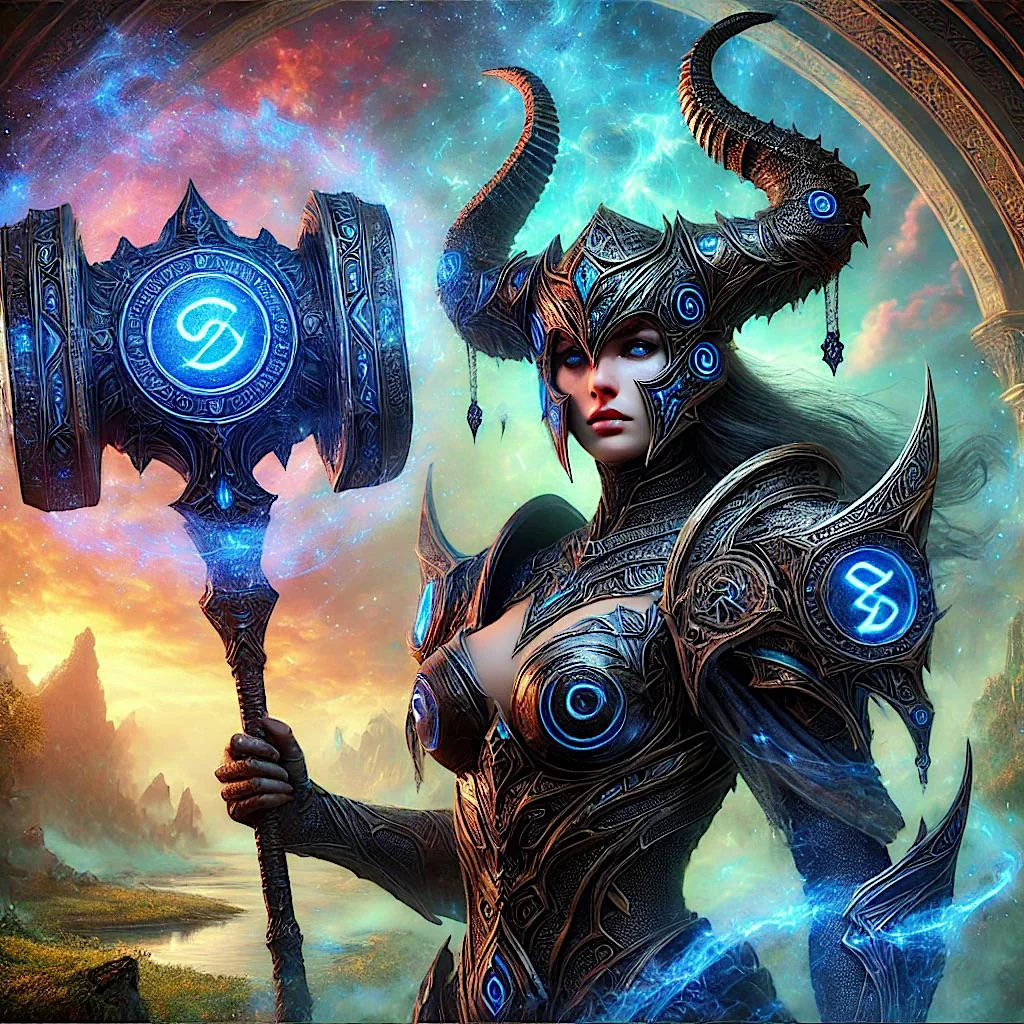 Asguardian female warrior holding a variant of mjolnir picture 1 of 1