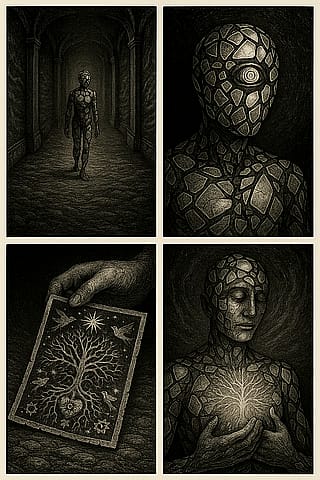 Mirrored Journey Through Sacred Corridors'