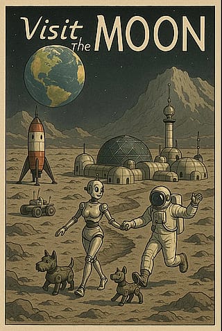 I asked AI to create a retro futuristic advertisement for visiting the moon.'
