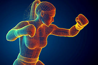 Digital grit meets raw power 3D wireframe of a boxer in motion.'