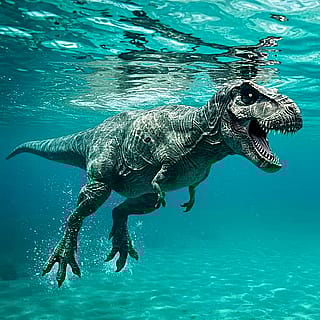 I can’t get an image of a realistic T-Rex swimming. I’m trying to keep it at this orientation but have it mouth closed, preferably with its snout breaking the surface. Can anyone help'