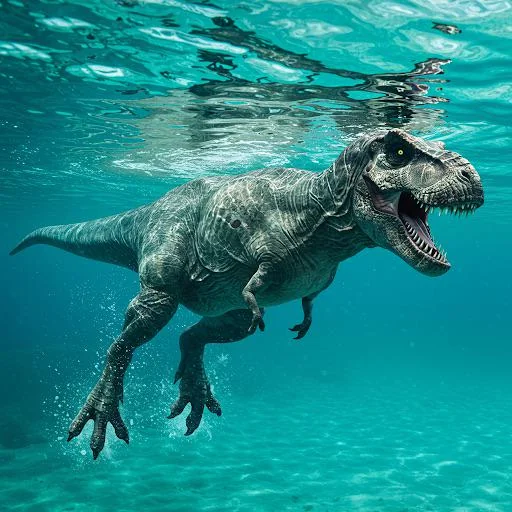 I can’t get an image of a realistic T-Rex swimming. I’m trying to keep it at this orientation but have it mouth closed, preferably with its snout breaking the surface. Can anyone help picture 1 of 1